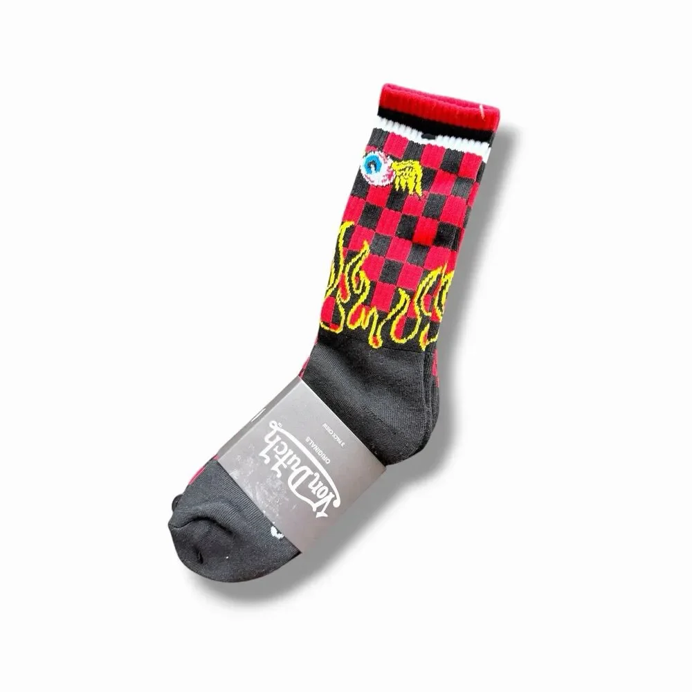 NWT Von Dutch Men's Crew Socks 3 Pairs Black Red Yellow White Check Flame Design